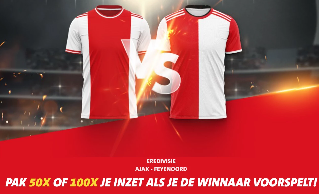 50 of 100x je inzet voor voorspellen juiste winnaar Ajax - Feyenoord