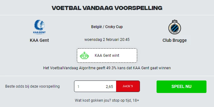 Voetbal Vandaag voorspelling AA Gent - Club Brugge 02-02-2022