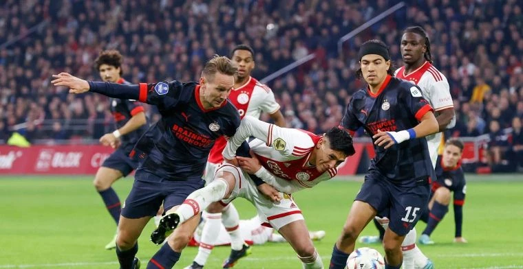 Luuk de Jong van PSV in duel met Edson Alvarez van Ajax
