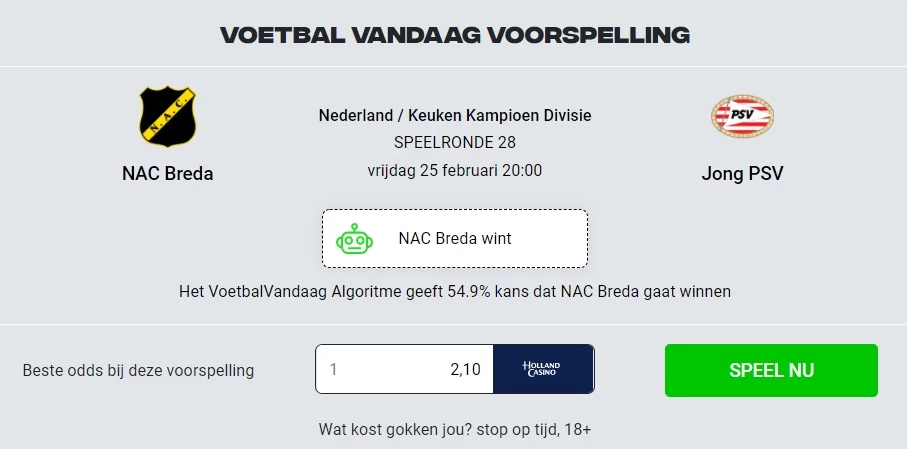 Voetbal Vandaag voorspelling NAC Breda - Jong PSV