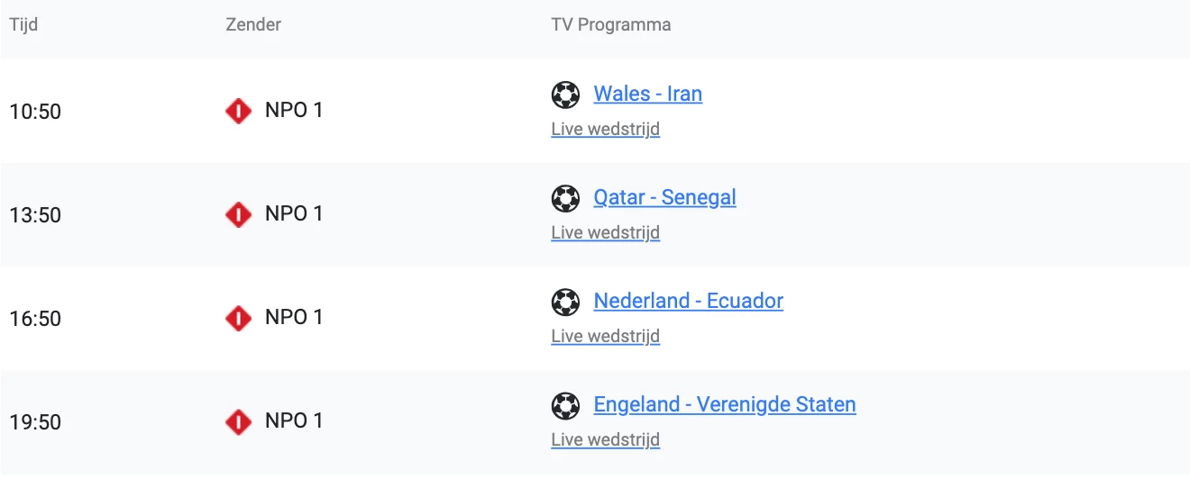 WK tv-gids 25-11 met onder meer Nederland - Ecuador