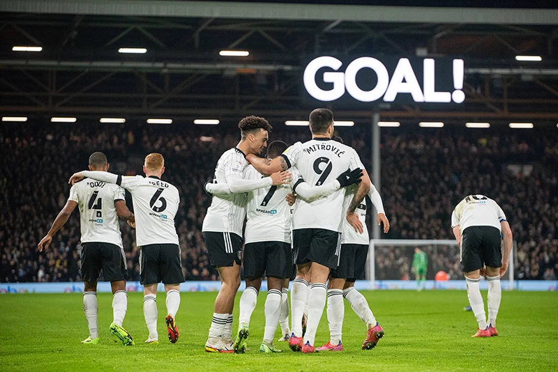 Fulham FC spelers vieren de uitslagen in de Championship wedstrijd tegen Birmingham City